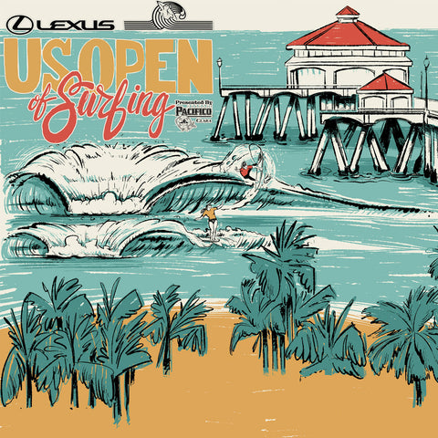 drawing of HB Pier with text " US OPEN OF SURFING"