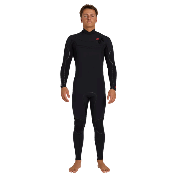 front view of person wearing a black chest zip wetsuit