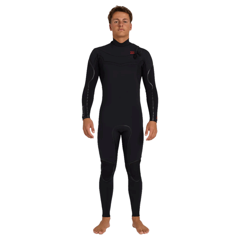 front view of person wearing a black chest zip wetsuit