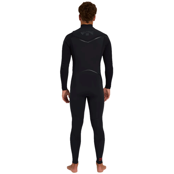 back view of person wearing a black chest zip wetsuit