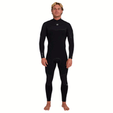 Front view of person wearing a black chest zip wetsuit