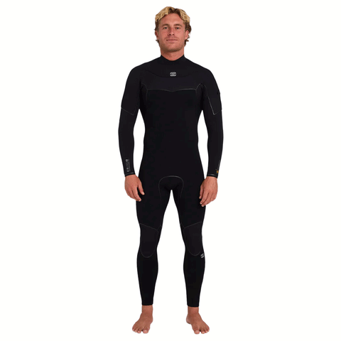 Front view of person wearing a black chest zip wetsuit