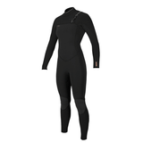 front view of a women's wetsuit. wetsuit is black and has a chest zip entry