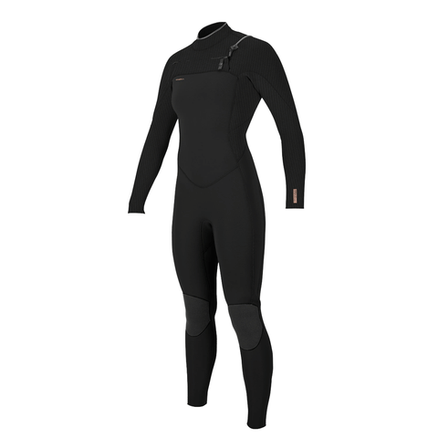 front view of a women's wetsuit. wetsuit is black and has a chest zip entry