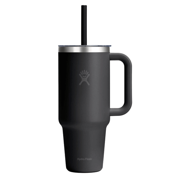 black metal drinking tumbler with straw and handle