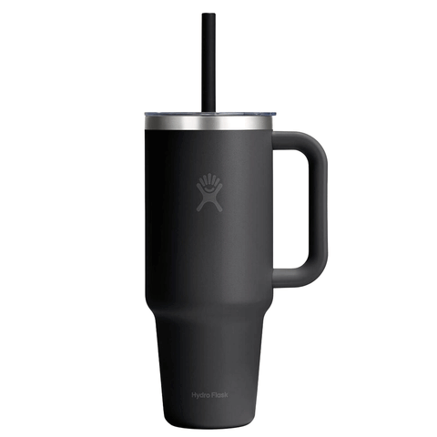 black metal drinking tumbler with straw and handle