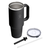 black metal drinking tumbler, straw and lid