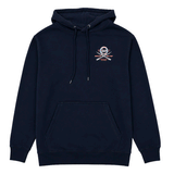 Navy blue hoodie with a small logo on the chest against a white background