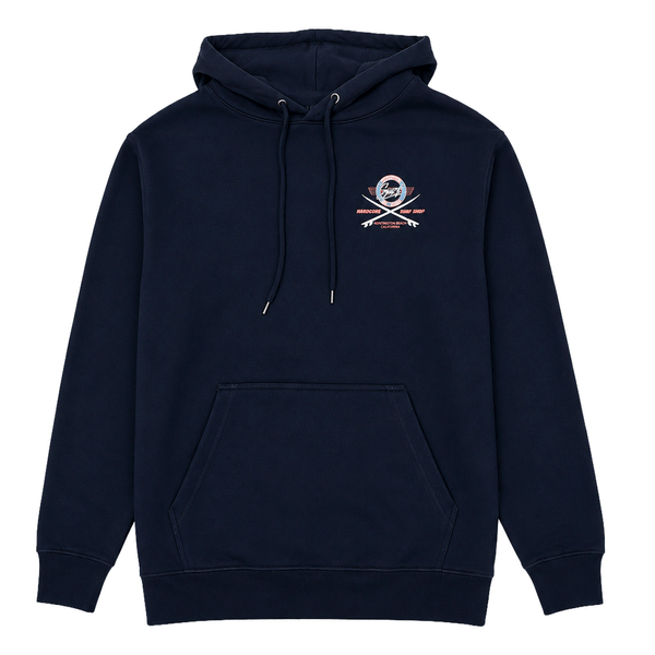 Navy blue hoodie with a small logo on the chest against a white background