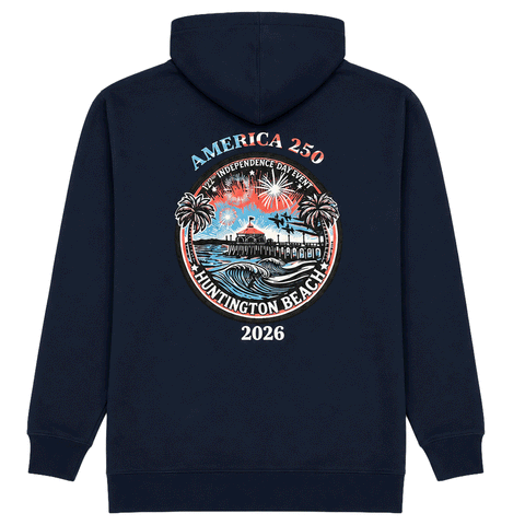 Navy blue hoodie with a colorful graphic on the back on a white background