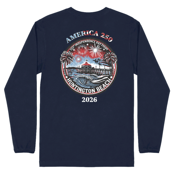 Navy blue long-sleeve shirt with a graphic design on the back featuring 'America 250 Huntington Beach 2026'.