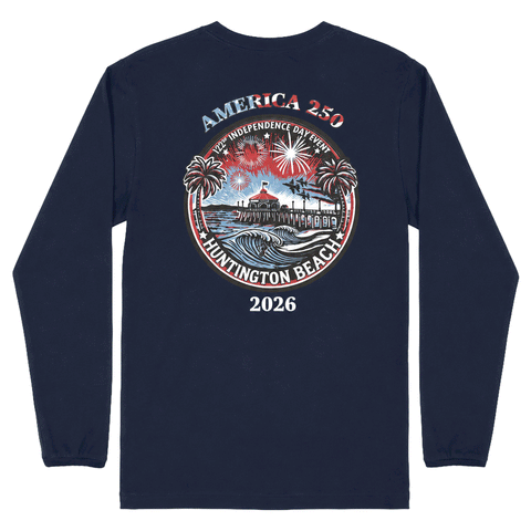 Navy blue long-sleeve shirt with a graphic design on the back featuring 'America 250 Huntington Beach 2026'.