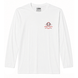 white long sleeve t-shirt with colorful logo on chest on white background