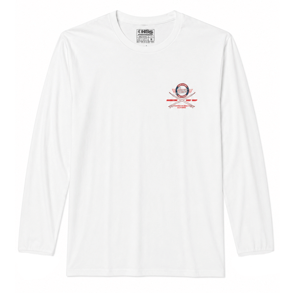 white long sleeve t-shirt with colorful logo on chest on white background
