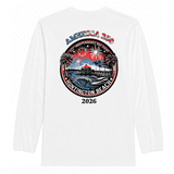 white long sleeve tee with colorful logo of HB Pier and the text America 250
