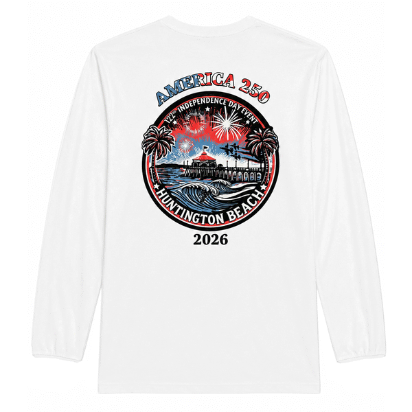 white long sleeve tee with colorful logo of HB Pier and the text America 250