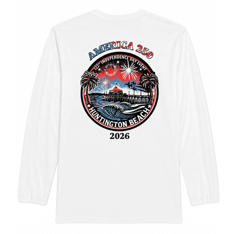 white long sleeve tee with colorful logo of HB Pier and the text America 250
