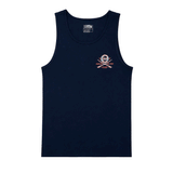 Navy tank top with colorful logo on chest on white background