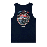 Navy tank top with a graphic design on a white background
