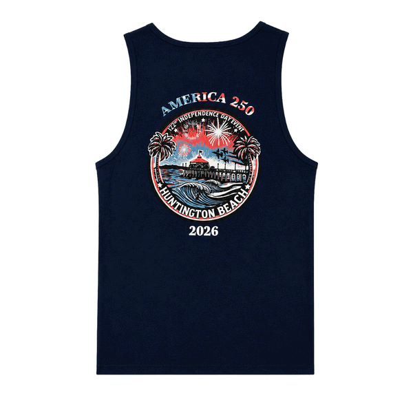 Navy tank top with a graphic design on a white background