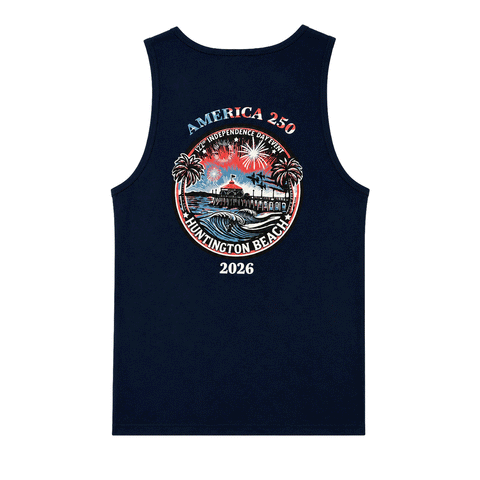 Navy tank top with a graphic design on a white background
