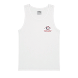 white tank top with graphic logo on chest on white background