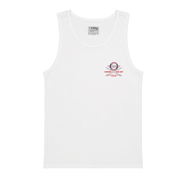 white tank top with graphic logo on chest on white background