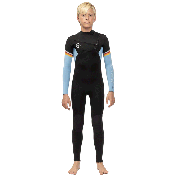 front view of boy wearing a black wetsuit with light blue sleeves