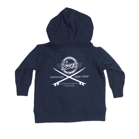 Navy blue hoodie with white logo on the back on a white background
