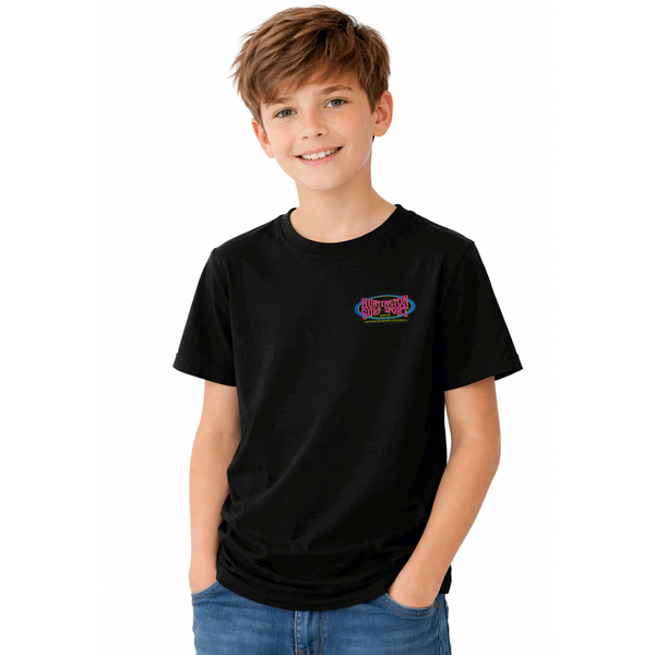 boy wearing a black t-shirt with a retro pink and blue logo on chest