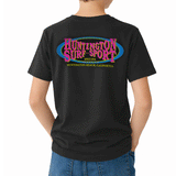 back boy wearing a black t-shirt with a retro pink and blue logo