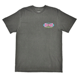 grey tshirt with "huntington surf & sport" branding in pink, blue & yellow on the chest