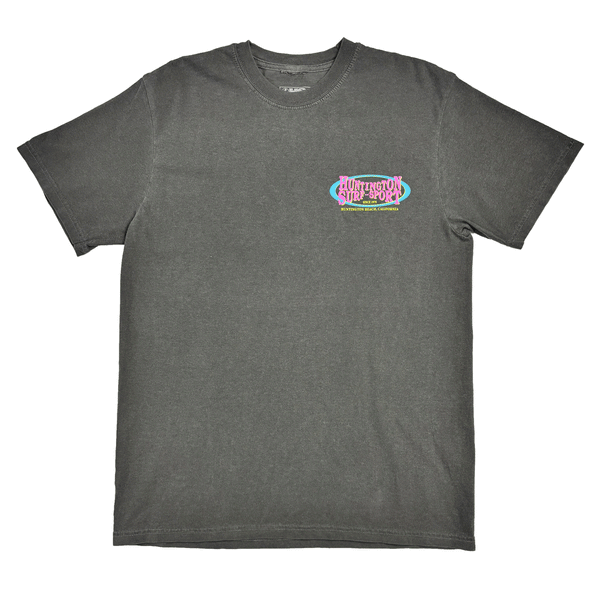 grey tshirt with "huntington surf & sport" branding in pink, blue & yellow on the chest