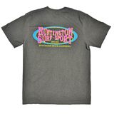 grey tshirt with "huntington surf & sport" branding in pink, blue & yellow