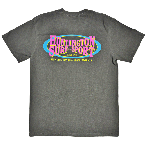 grey tshirt with "huntington surf & sport" branding in pink, blue & yellow