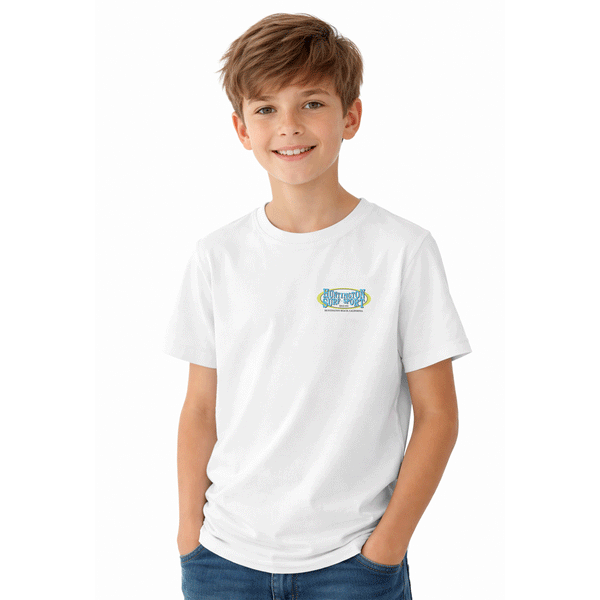 boy wearing white t-shirt with a light blue and light green logo with text "huntington surf and sport" on the chest