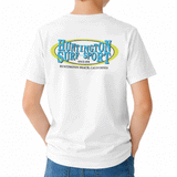 back of boy wearing white t-shirt with a light blue and light green logo with text "huntington surf and sport"