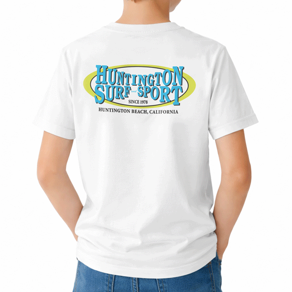 back of boy wearing white t-shirt with a light blue and light green logo with text "huntington surf and sport"