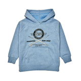 blue hooded sweatshirt with black and white logo