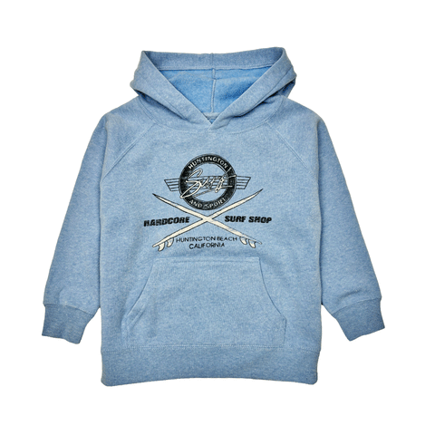 blue hooded sweatshirt with black and white logo