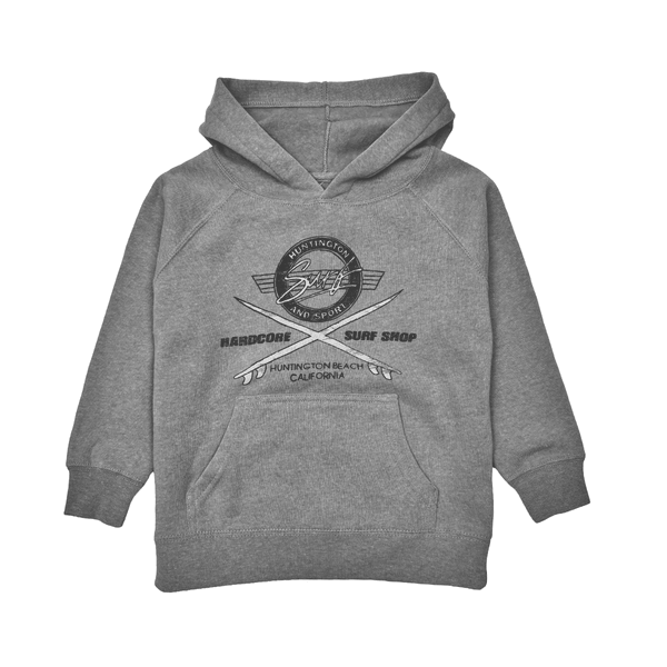 grey hooded sweatshirt with black and white logo