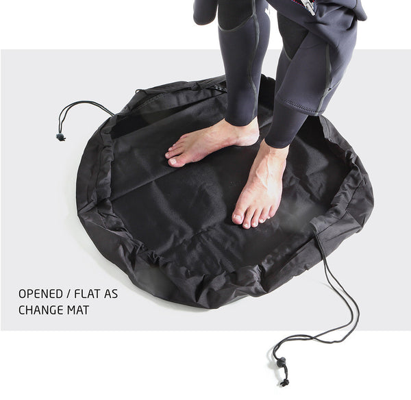 person in wetsuit standing on changed mat with a drawstring