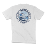 A white short-sleeve crewneck t-shirt shown from the back, featuring a large circular graphic print of a Huntington Beach Lifeguard boat and text.