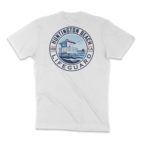 A white short-sleeve crewneck t-shirt shown from the back, featuring a large circular graphic print of a Huntington Beach Lifeguard boat and text.