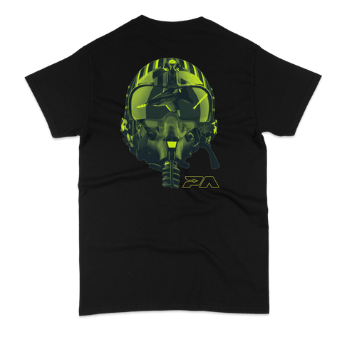 Helmet toddler tee- black. Green aircraft pilot helmet on a black shirt