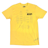 Yellow t-shirt with text and graphics on a white surface