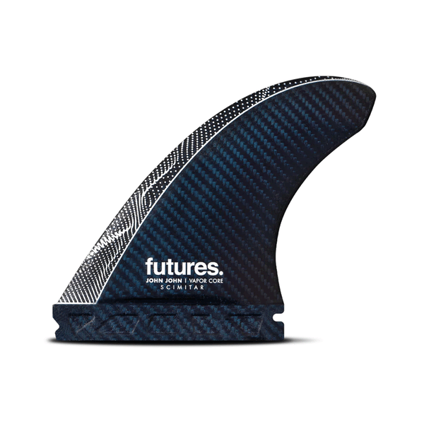 black and blue surf fin with "futures" and "john john" branding
