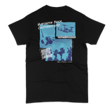 Black t-shirt with blue graphic design on the back featuring text and images.