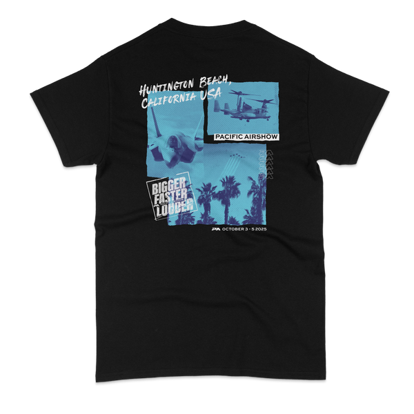 Black t-shirt with blue graphic design on the back featuring text and images.
