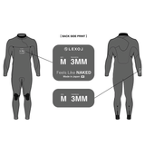 print of wetsuit showing 3mm thickness on chest and arms